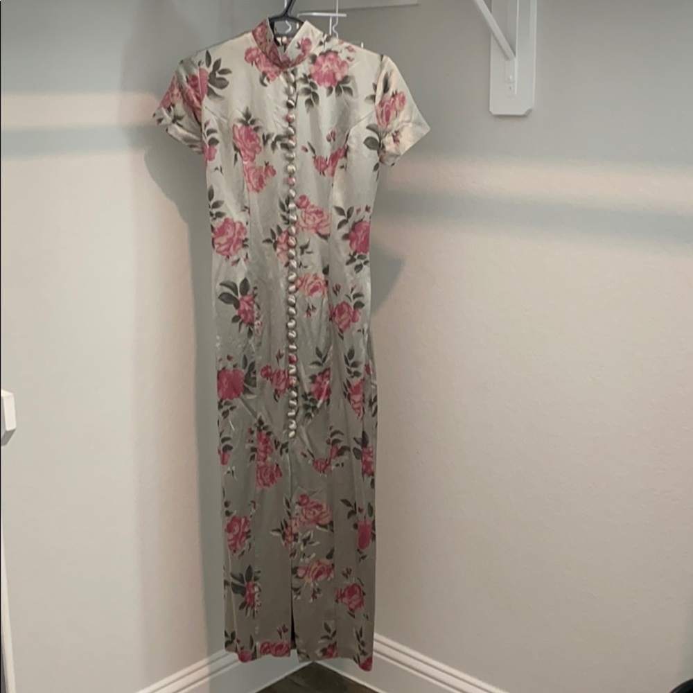 Vintage 90s grey floral satin dress